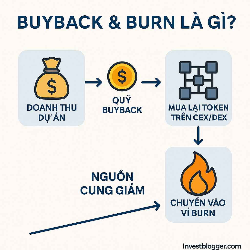investblogger - Sơ đồ quy trình Buyback và Burn trong crypto: doanh thu dự án, quỹ buyback, mua lại token và chuyển vào ví burn