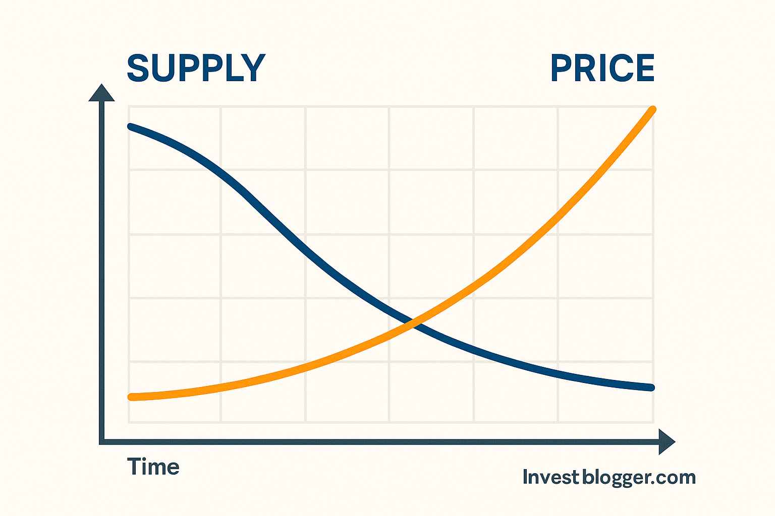 investblogger - Biểu đồ minh họa mối quan hệ nguồn cung token giảm và giá token tăng theo thời gian