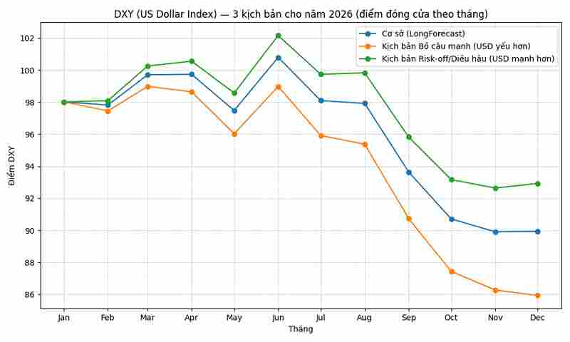 investblogger - Biểu đồ dự báo 3 kịch bản chỉ số DXY năm 2026. 