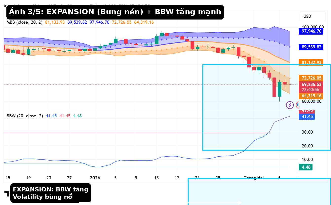 Expansion Bollinger Bands BTC 1D: BBW tăng mạnh kèm biến động lớn.
